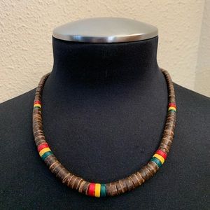 MUNUM INC RASTA NECKLACE WOOD BEADED BEAD BROWN YELLOW RED GREEN SURFER